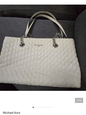 Karl Lagerfeld White Quilted Leather Tote w/ Silver Chain Accent